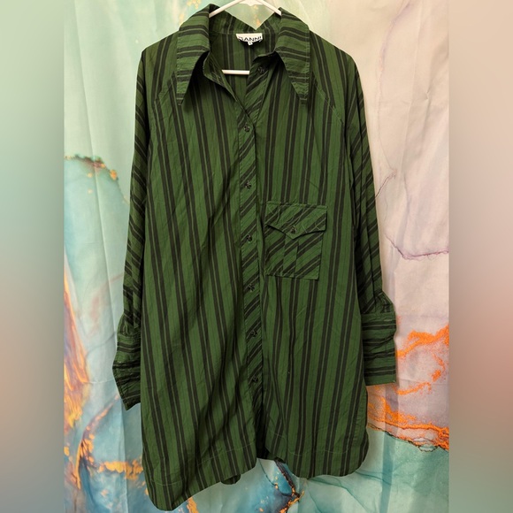 GANNI Oversized Striped Organic Cotton-poplin Mini Shirt Dress Green Black L /XL - Picture 4 of 12